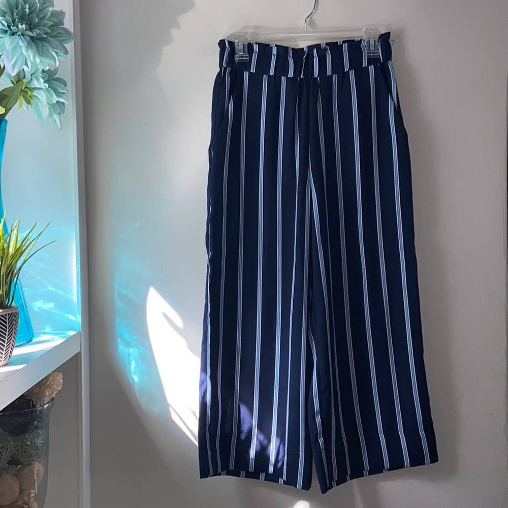 Navy Striped Wide Leg Pants